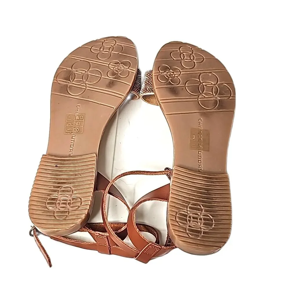 Sandals by Chinese Laundry Beaded Leather Tan Copper Gray Size 9